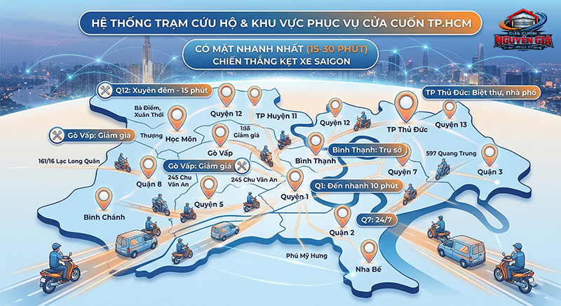 HỆ THỐNG TRẠM CỨU HỘ & KHU VỰC PHỤC VỤ TẠI TP.HCM - Cửa Cuốn Nguyễn Gia