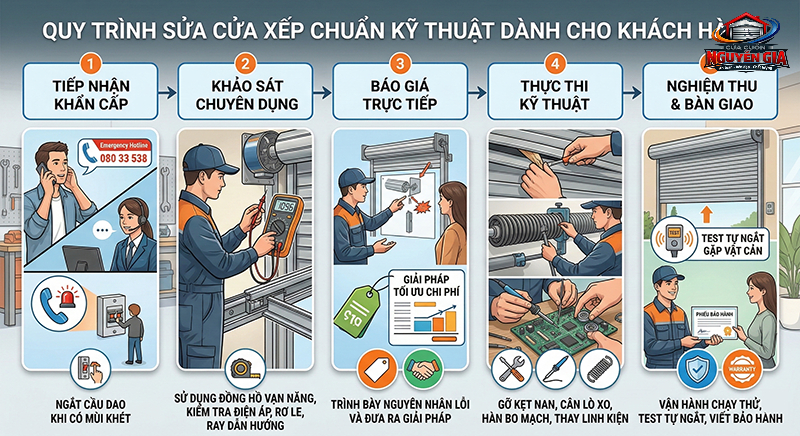 Quy Trình Sửa Cửa Xếp Dành Cho Khách Hàng (Chuẩn Kỹ Thuật)