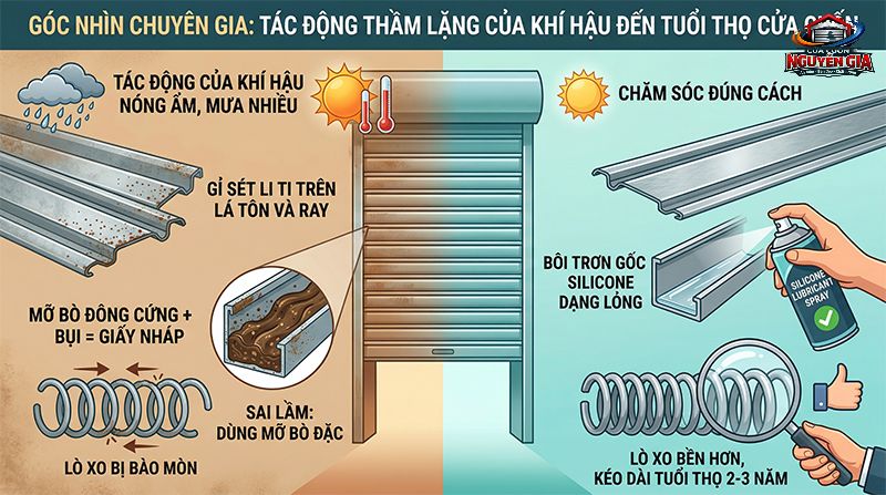 Chỉ nên sử dụng dung dịch bôi trơn dạng lỏng để bảo vệ ray và lò xo, tránh tích tụ bụi bẩn gây kẹt cửa