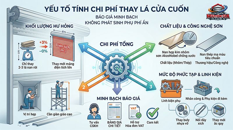 Chi phí thay nan được tính toán dựa trên chất liệu, độ dày và diện tích thực tế cần sửa chữa