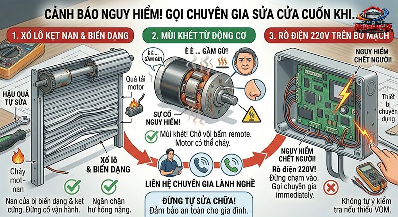 Tuyệt đối không tự sửa khi cửa bị xổ lô kẹt cứng, có mùi khét hoặc lỗi bo mạch rò điện, hãy gọi thợ chuyên nghiệp để đảm bảo an toàn