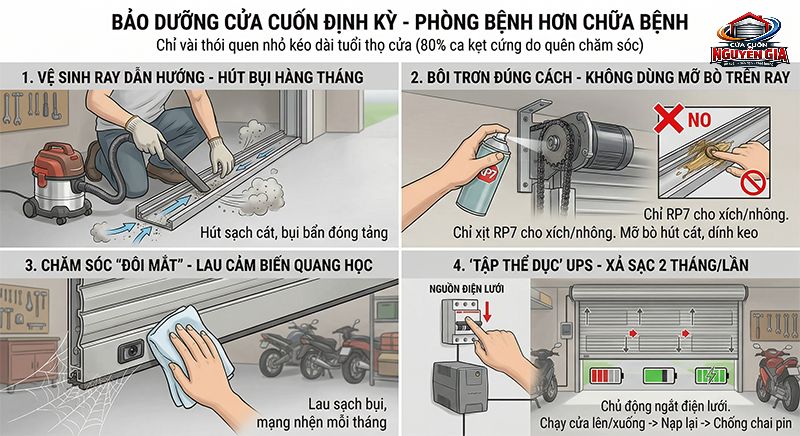 Vệ sinh "đôi mắt" cảm biến và lòng ray định kỳ là bí quyết giúp cửa luôn vận hành mượt mà, tránh báo lỗi giả