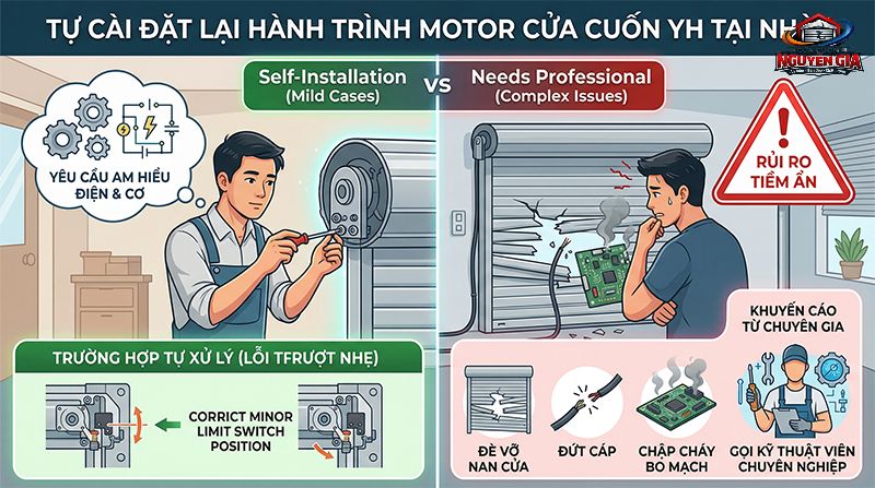 Việc căn chỉnh hành trình motor YH đòi hỏi sự chính xác cao để tránh làm hỏng nan cửa hoặc gây quá tải động cơ
