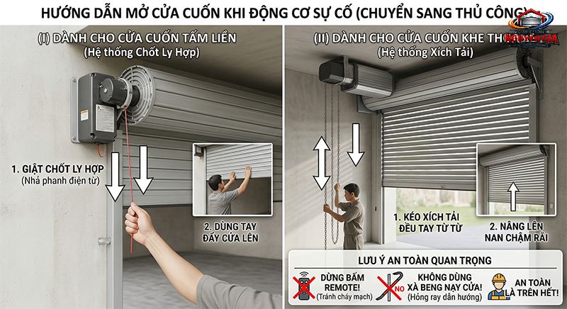 Trong tình huống khẩn cấp, bạn có thể sử dụng dây xích kéo tay hoặc chốt ly hợp để nâng cửa một cách an toàn