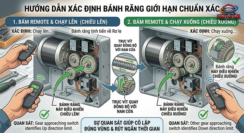 Quan sát chiều di chuyển của bánh răng cam khi bấm remote giúp xác định chính xác bánh răng giới hạn của chiều di chuyển đó