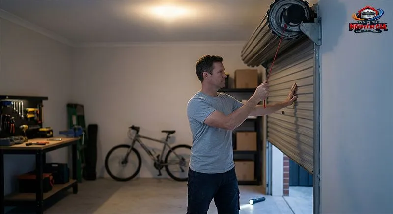 Thao tác giật chốt ly hợp đúng kỹ thuật giúp bạn dễ dàng nâng hạ cửa cuốn tấm liền bằng tay khi mất điện lưới