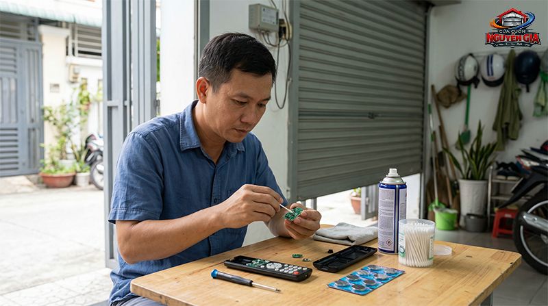 Remote cửa cuốn cần được kiểm tra pin và bảo quản khô ráo để tránh lỗi mất tín hiệu sóng RF