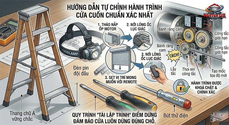Thao tác căn chỉnh cam hành trình đòi hỏi sự tỉ mỉ, nới lỏng ốc lục giác và dịch chuyển bánh răng cam chạm vào lẫy công tắc giới hạn