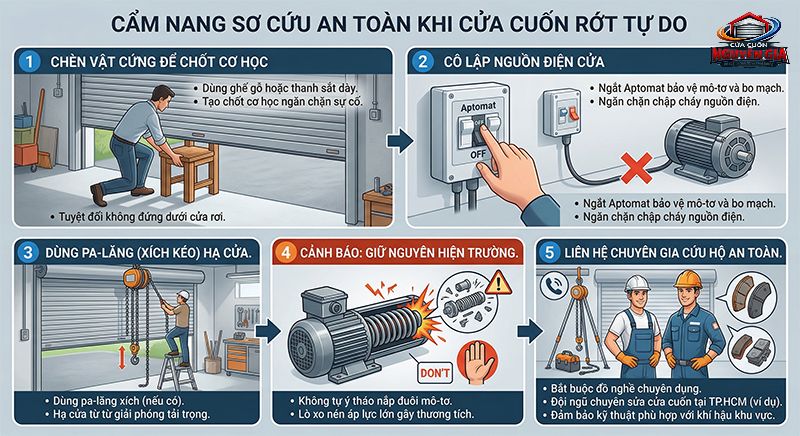 Thao tác chèn vật cứng dưới nan cửa và ngắt điện là bước sơ cứu quan trọng nhất để ngăn chặn rủi ro sập cửa hoàn toàn
