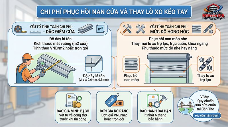 Chi phí sửa chữa được tính toán minh bạch dựa trên độ dày lá tôn và chủng loại lò xo thay thế