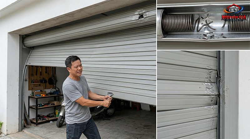 Cửa kéo nặng trịch và bị lệch sang một bên là dấu hiệu điển hình của việc đứt 1 bên lò xo trợ lực