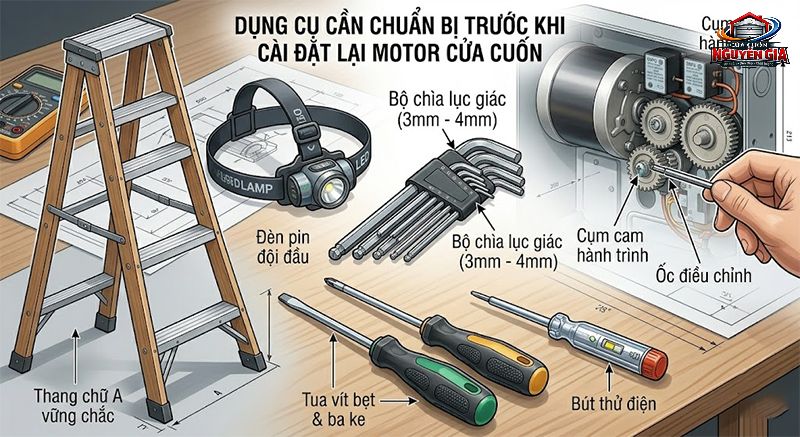 Chuẩn bị đầy đủ dụng cụ kỹ thuật, đặc biệt là bộ lục giác, giúp quá trình căn chỉnh hành trình diễn ra an toàn và chính xác