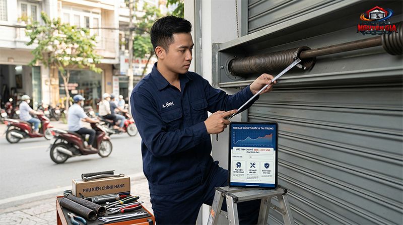 Chi phí thay lò xo được tính toán dựa trên tải trọng thực tế của bộ cửa, đảm bảo bền bỉ lâu dài