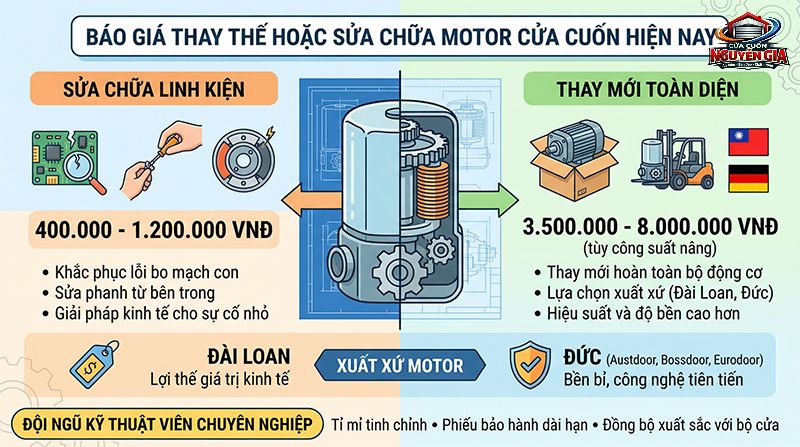 Thay thế motor cửa cuốn chính hãng với sức nâng từ 300kg đến 1000kg, bảo hành dài hạn lên đến 24 tháng