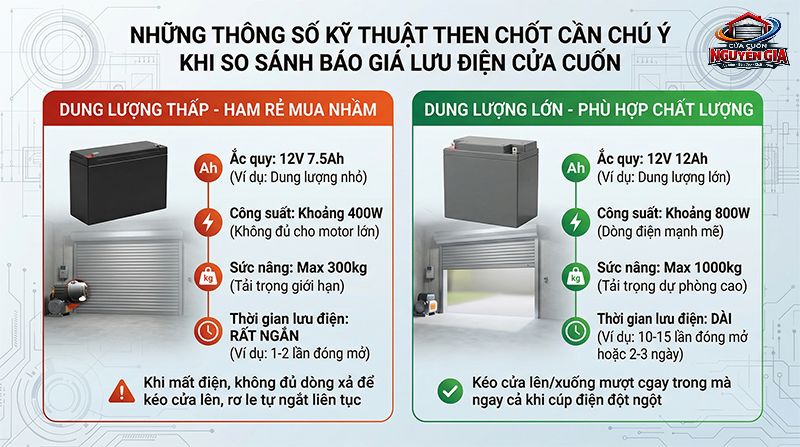 Tuyệt đối không ham rẻ mà mua UPS công suất nhỏ, thiết bị sẽ không đủ dòng xả để kéo motor khi mất điện, gây chập mạch rơ le
