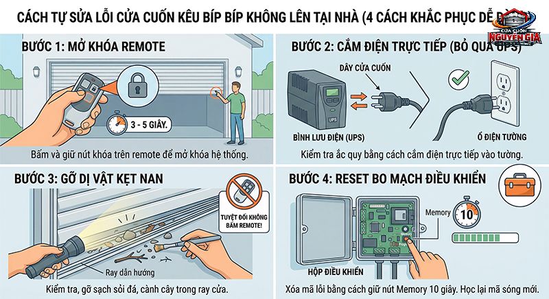 Bấm giữ nút khóa trên remote là cách đơn giản nhất để xử lý lỗi cửa cuốn bị khóa mã gây tiếng kêu tít tít