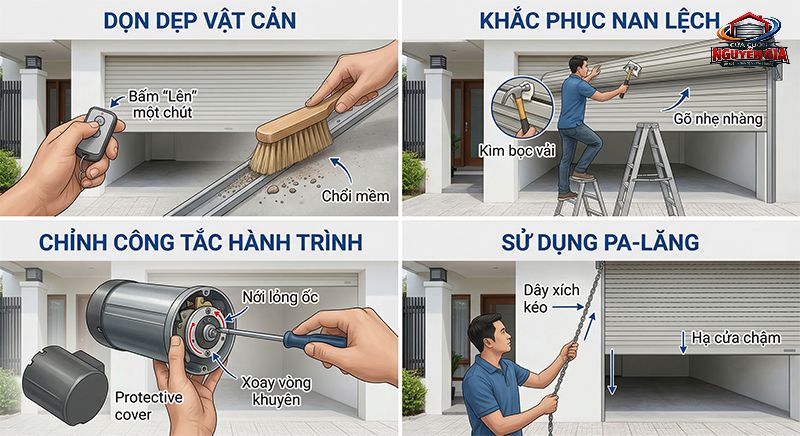 Khi cửa bị kẹt, việc đầu tiên là phải dừng bấm remote lập tức để quan sát và gỡ bỏ vật cản