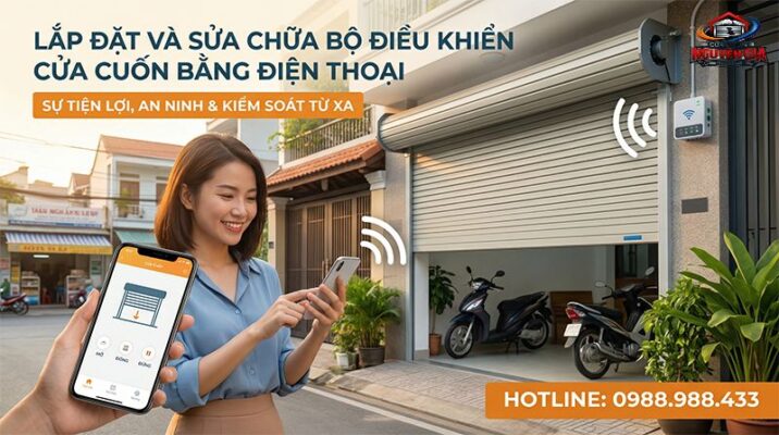 Hình ảnh một bàn tay cầm smartphone đang hiển thị giao diện điều khiển cửa cuốn (app Tuya/Hunie), phía sau là cánh cửa cuốn hiện đại đang mở