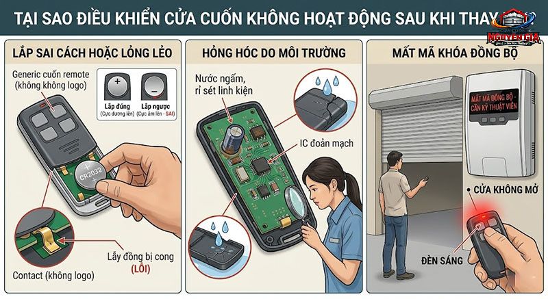 Nếu thay pin xong cửa vẫn không chạy, có thể do tay khiển bị trôi mã sóng hoặc bo mạch đã bị hỏng hóc do va đập, vô nước