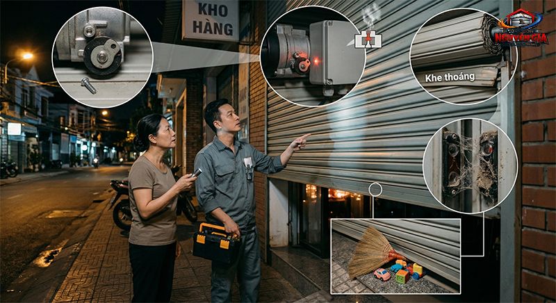 Chỉ một vật cản nhỏ trong rãnh trượt cũng có thể khiến hệ thống tự dừng của cửa cuốn kích hoạt, ngăn cửa hạ xuống