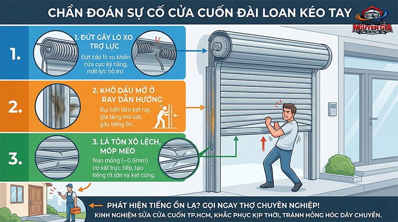 Lá tôn xô lệch và lò xo thiếu dầu mỡ là nguyên nhân hàng đầu khiến cửa cuốn Đài Loan vận hành nặng nề