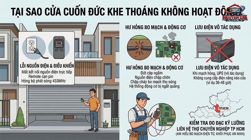 Lỗi bo mạch hoặc remote hết pin là những nguyên nhân phổ biến khiến cửa cuốn Đức mất kết nối