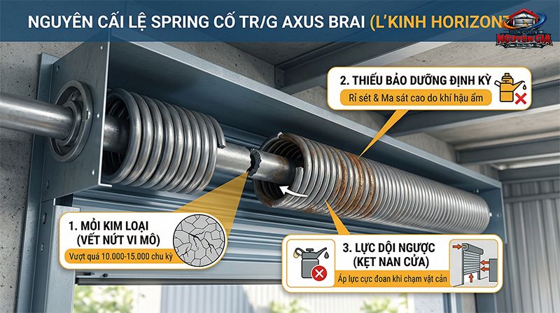 Thép đặc chủng bị rỉ sét và mỏi kim loại sau hàng ngàn lần đóng mở sẽ dẫn đến tình trạng đứt ngang lò xo