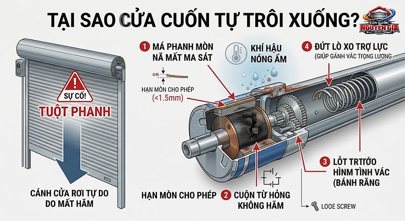 Má phanh bị mài mòn sau thời gian dài sử dụng là nguyên nhân hàng đầu khiến cửa cuốn mất khả năng hãm tĩnh trên cao