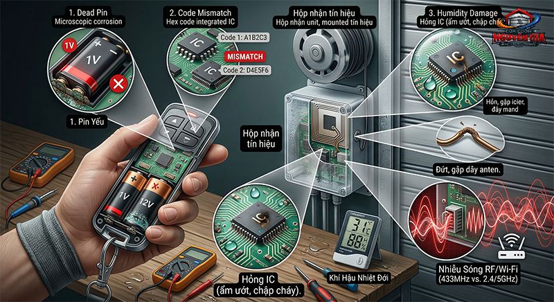 Bo mạch điện tử bị ẩm ướt hoặc pin yếu là những thủ phạm hàng đầu khiến remote bị "liệt" hoàn toàn