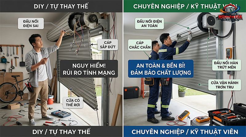 Việc tự thay motor mà không có chuyên môn tiềm ẩn rủi ro rơi cửa hoặc chập cháy bo mạch rất nguy hiểm