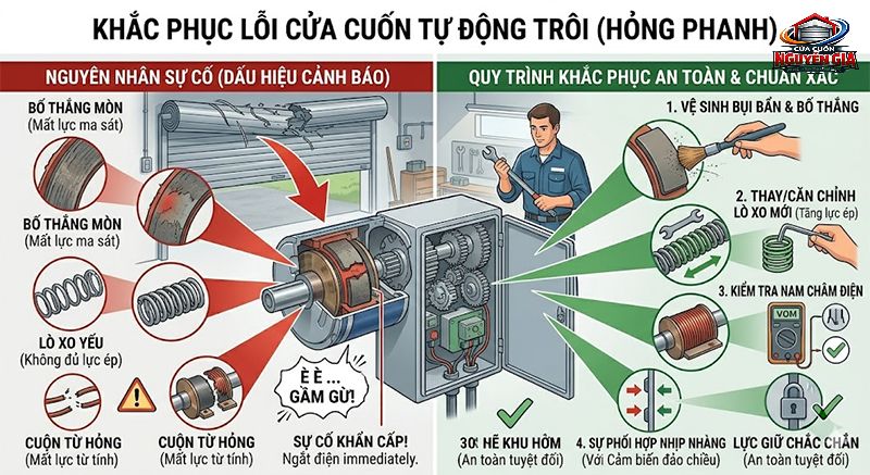 Sự cố cửa tự trôi thường do cụm phanh điện từ bị mòn hoặc hỏng, cần được kiểm tra, vệ sinh bố thắng và căn chỉnh lại lò xo ép phanh