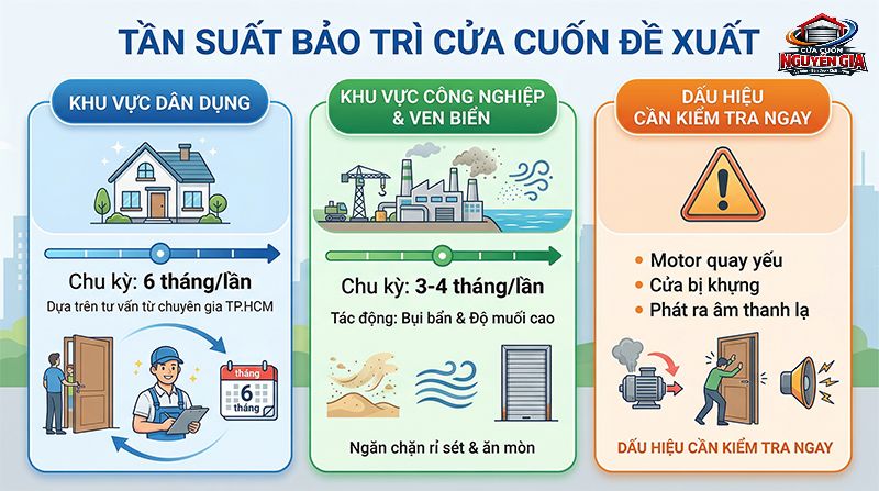 Tần suất bảo trì lý tưởng là 6 tháng/lần cho nhà phố dân dụng và ngắn hơn cho khu vực công nghiệp