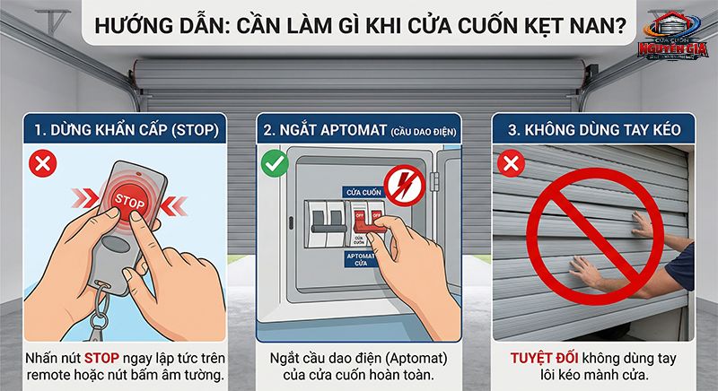 Nhấn nút Stop và ngắt nguồn điện ngay lập tức để bảo vệ motor khỏi bị cháy do quá tải khi cửa bị kẹt nan