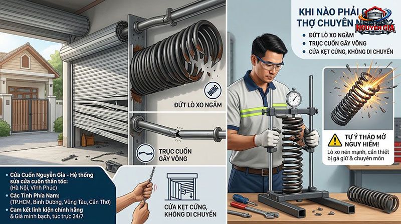 Những sự cố liên quan đến lò xo và trục cuốn cần thợ lành nghề xử lý để đảm bảo an toàn tuyệt đối